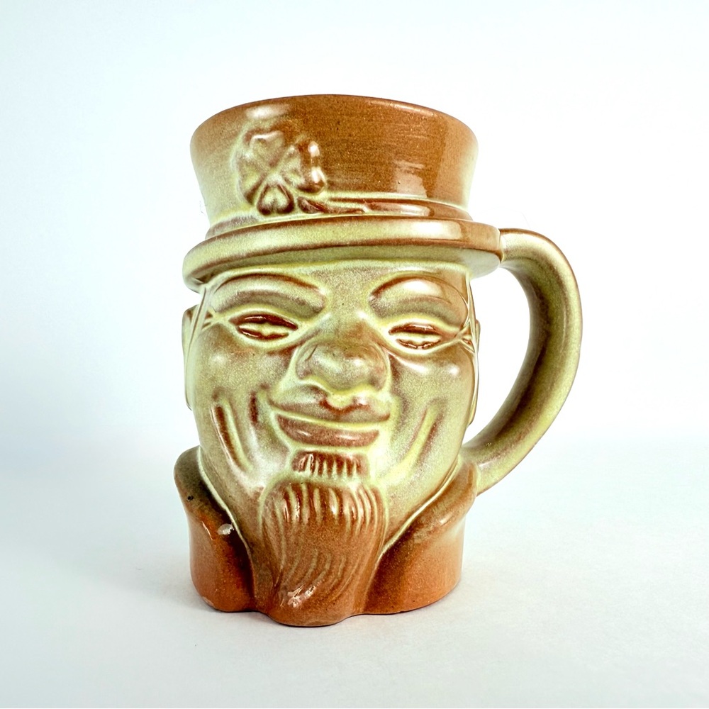 Vintage Frankoma Dessert Gold Mug Irish Toby 1980 Leprechaun Face Good Luck Cup